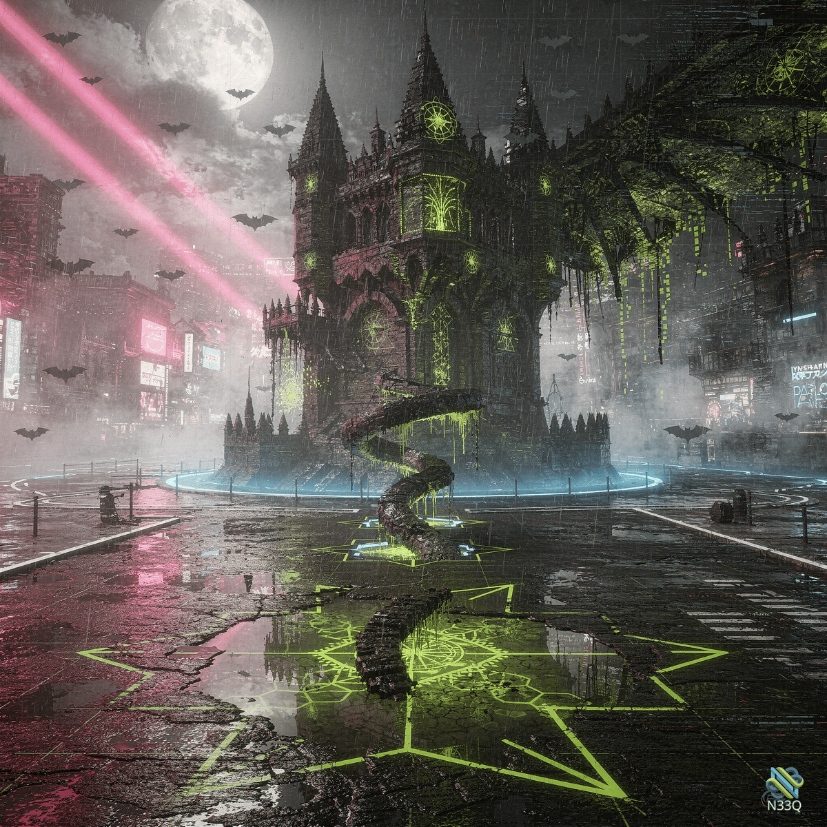 Gothic Cathedral with Neon Pentagram at Night