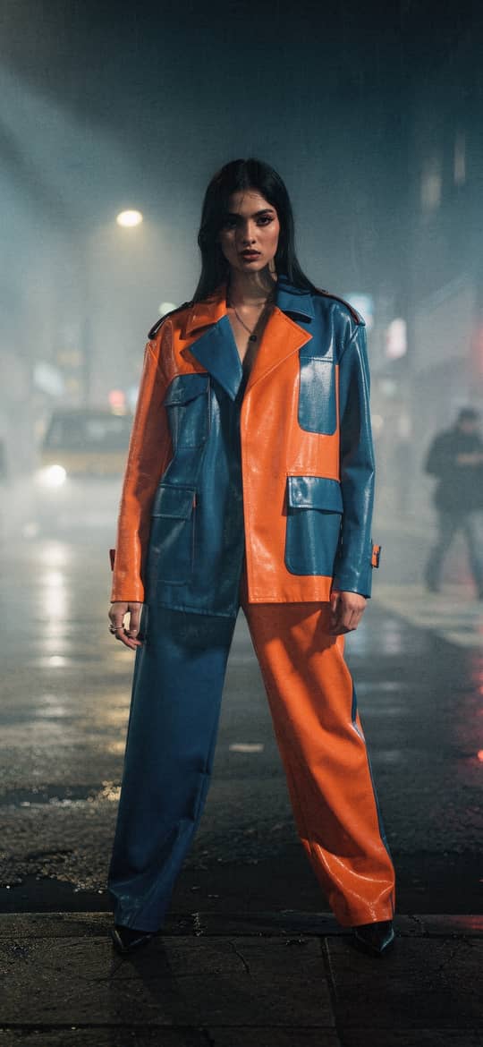 Woman in Blue and Orange Leather Suit