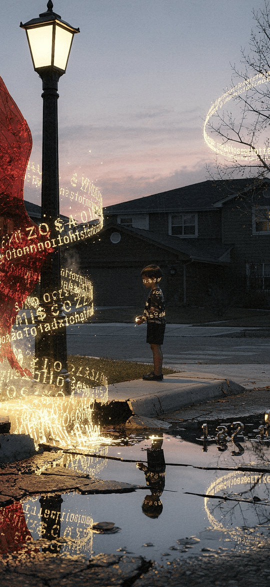 Red-Winged Glowing Figure Under a Suburban Street Lamp