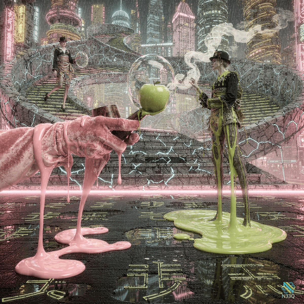 Pink Slime Hand Offers Apple to Green Melting Woman
