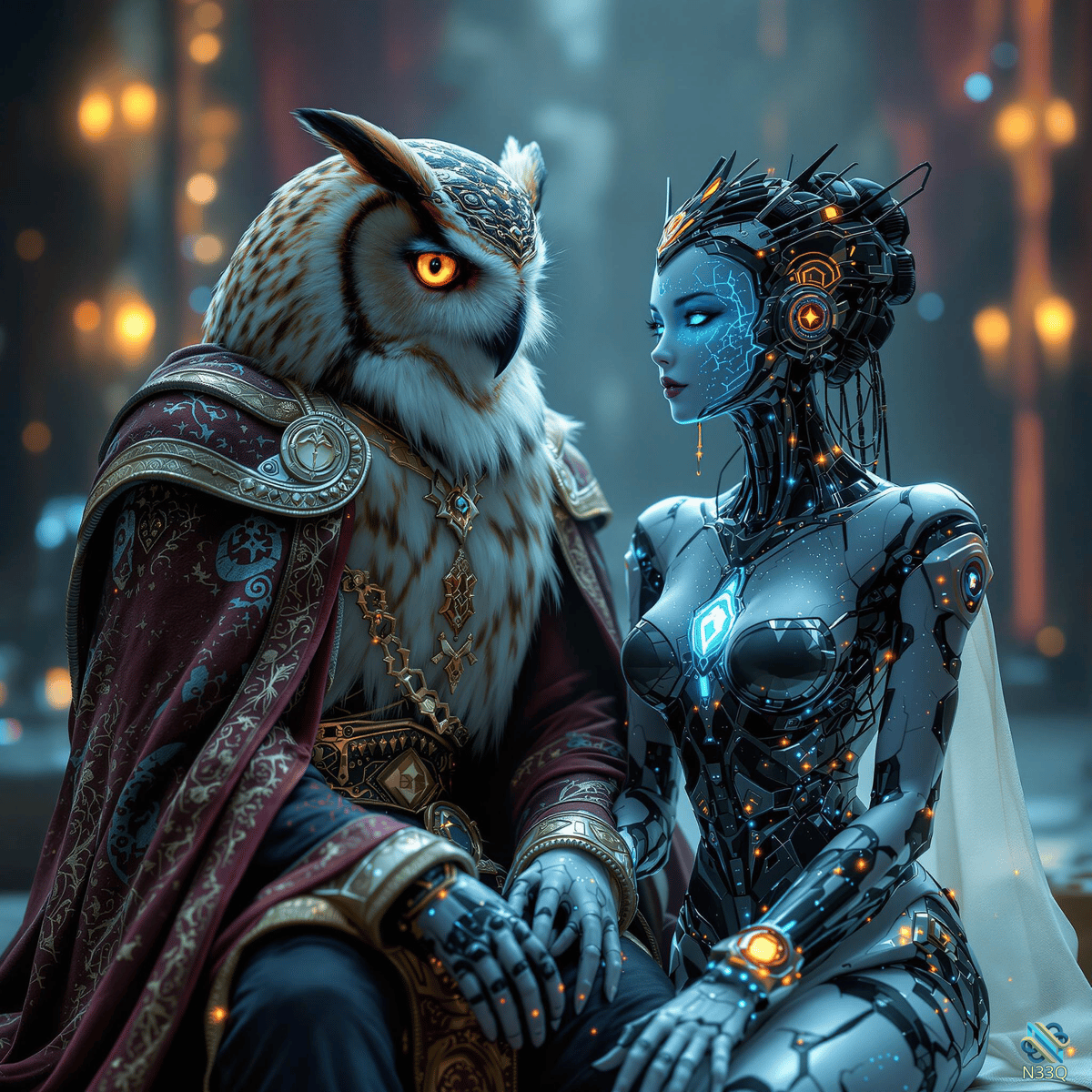 Owl Noble and Cyborg Woman Intimate