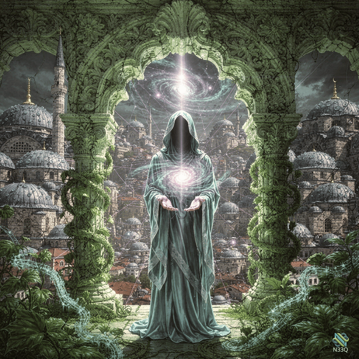 Hooded Figure Holding Glowing Orb in Green Arch