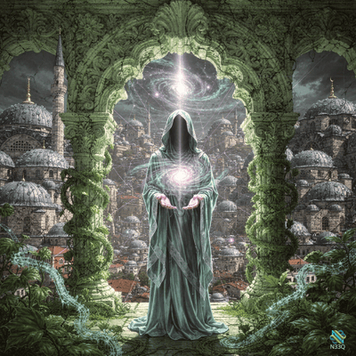 Hooded Figure Holding Glowing Orb in Green Arch