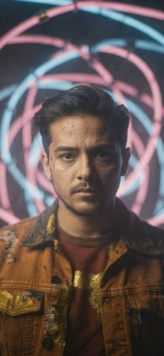 Young Man Before Neon Spiral Rings