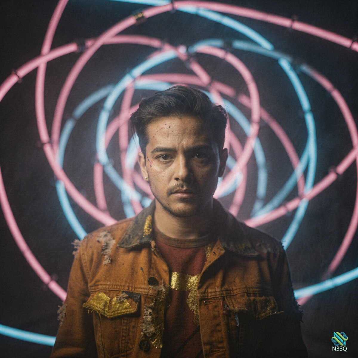 Young Man Before Neon Spiral Rings