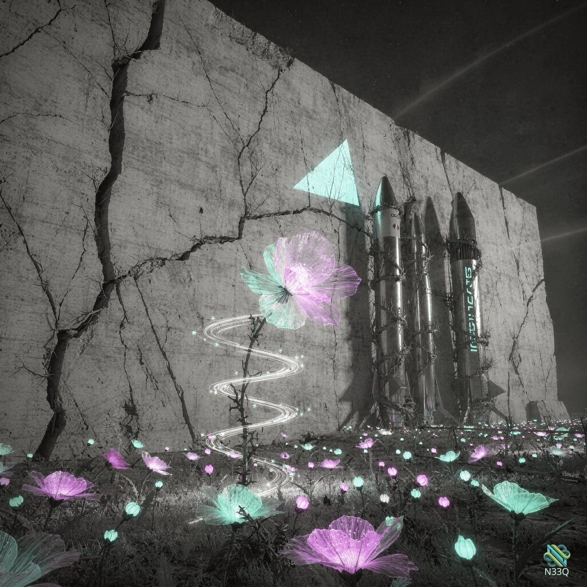 Inspiration4 Rockets with Glowing Flowers on Wall