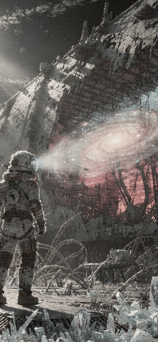 Astronaut Before Galaxy in Ruined Space Station