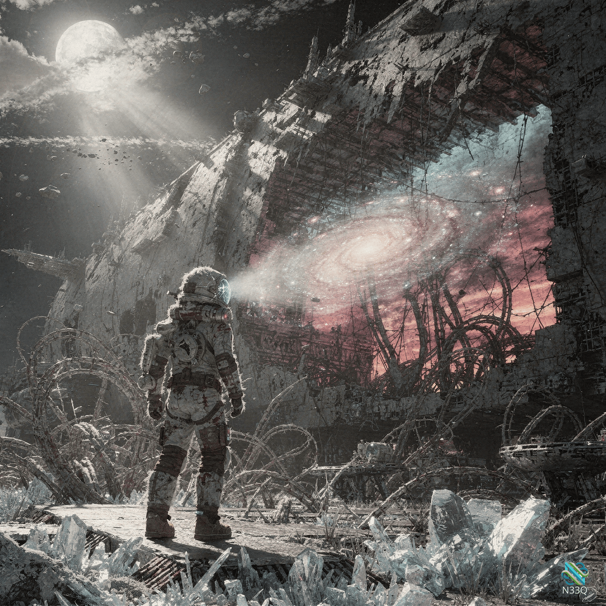 Astronaut Before Galaxy in Ruined Space Station