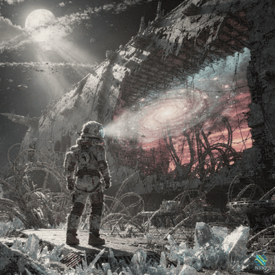 Astronaut Before Galaxy in Ruined Space Station