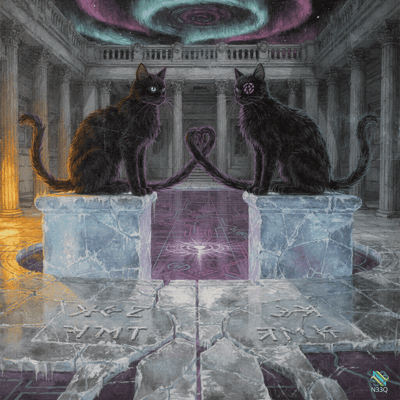 Two Black Cats Forming Heart Tails in Temple