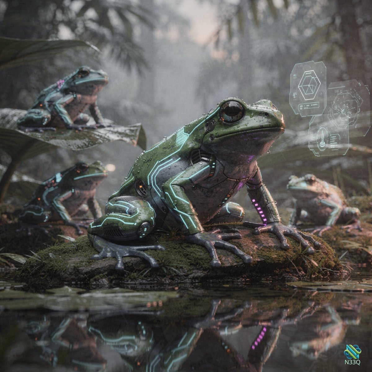 Cybernetic Frogs in Misty Rainforest