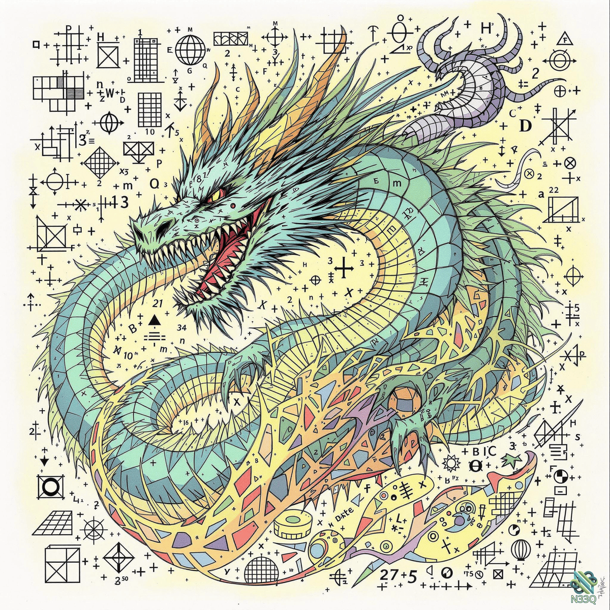 Teal Dragon Amidst Mathematical Equations