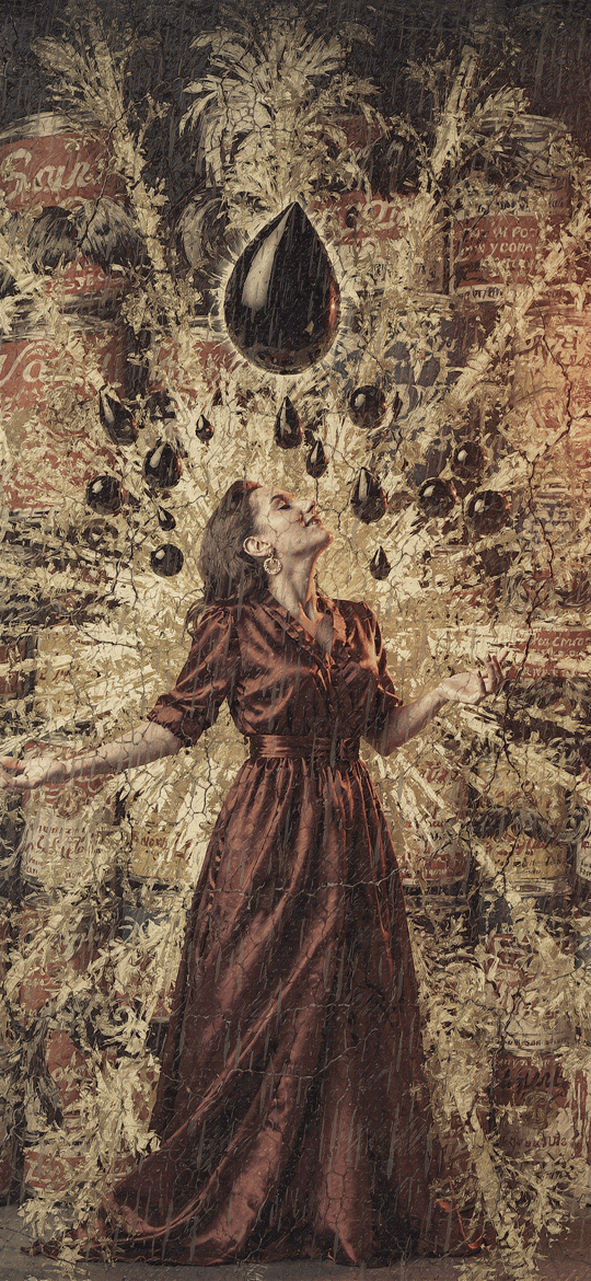 Woman Amidst Falling Teardrops and Vines