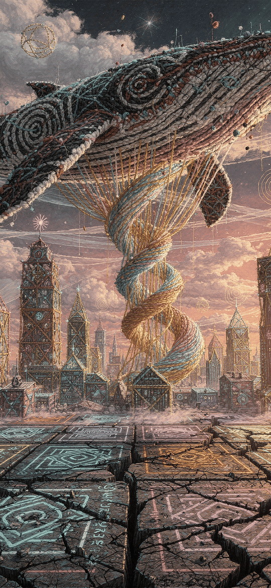Ornate Whale Spiraling Over Patterned City