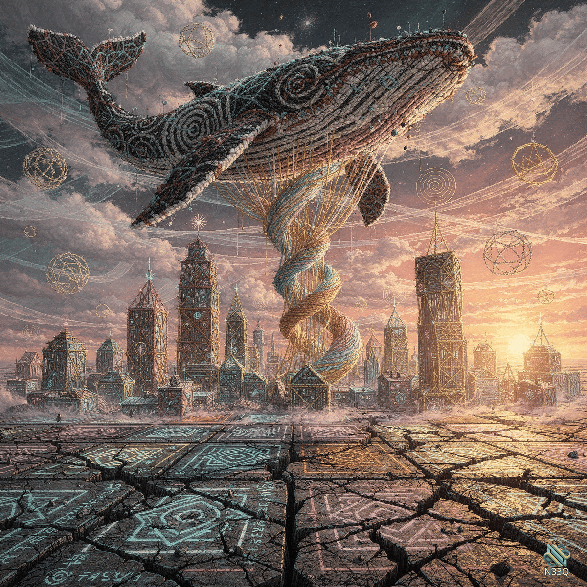 Ornate Whale Spiraling Over Patterned City