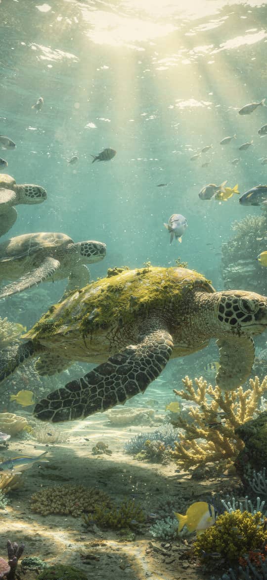 Sea Turtle Gliding Through Vibrant Coral Reef
