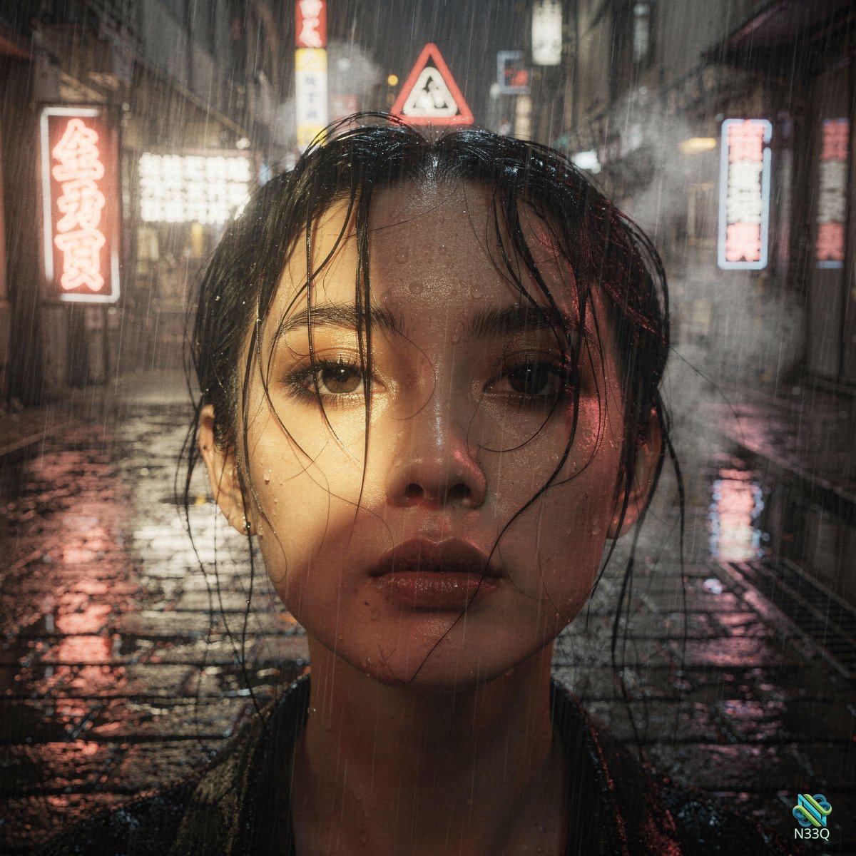 Woman with Raindrops on Face in Neon Alley
