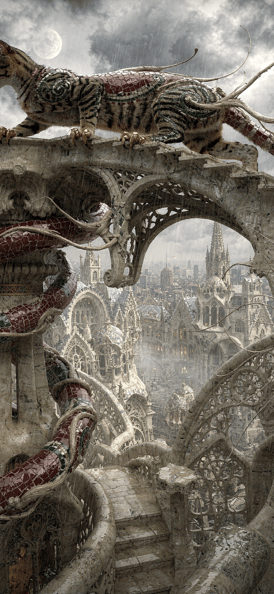 Striped Cat and Serpent on Gothic Ruins