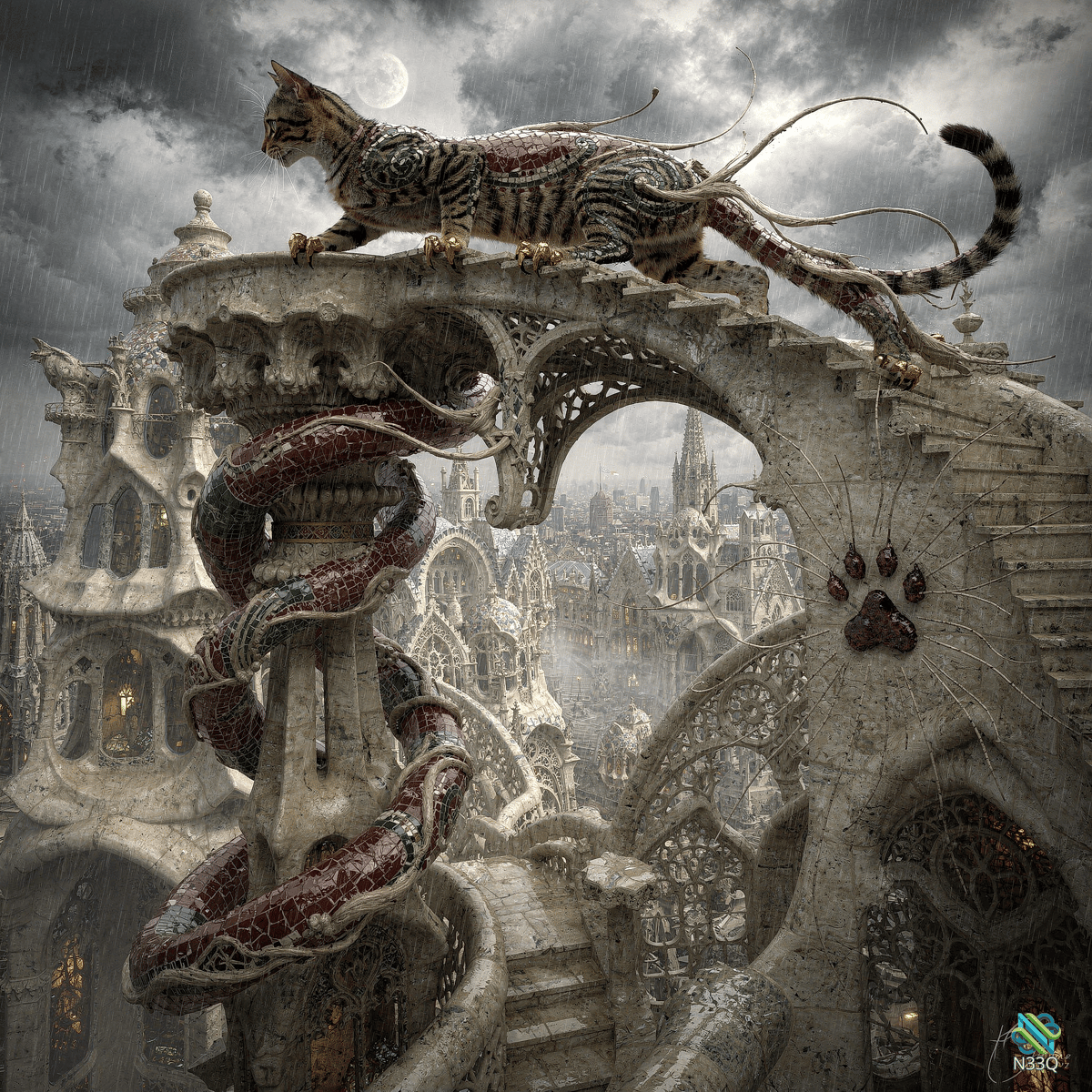 Striped Cat and Serpent on Gothic Ruins