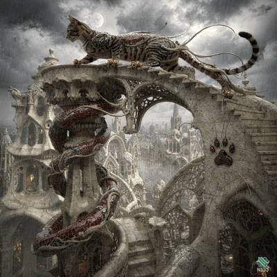 Striped Cat and Serpent on Gothic Ruins