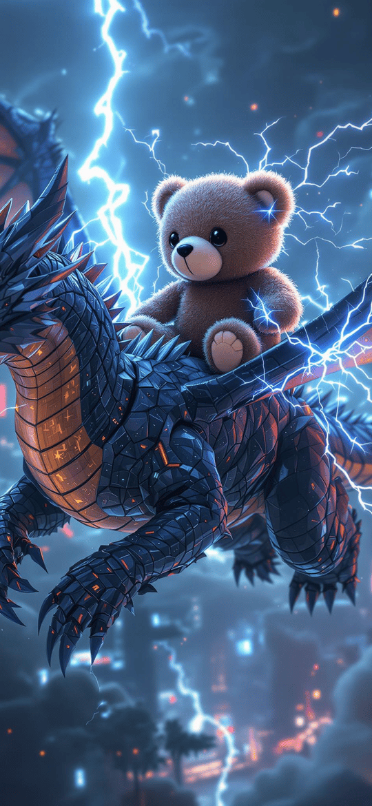 Teddy Bear Rides Dragon Through Lightning Storm