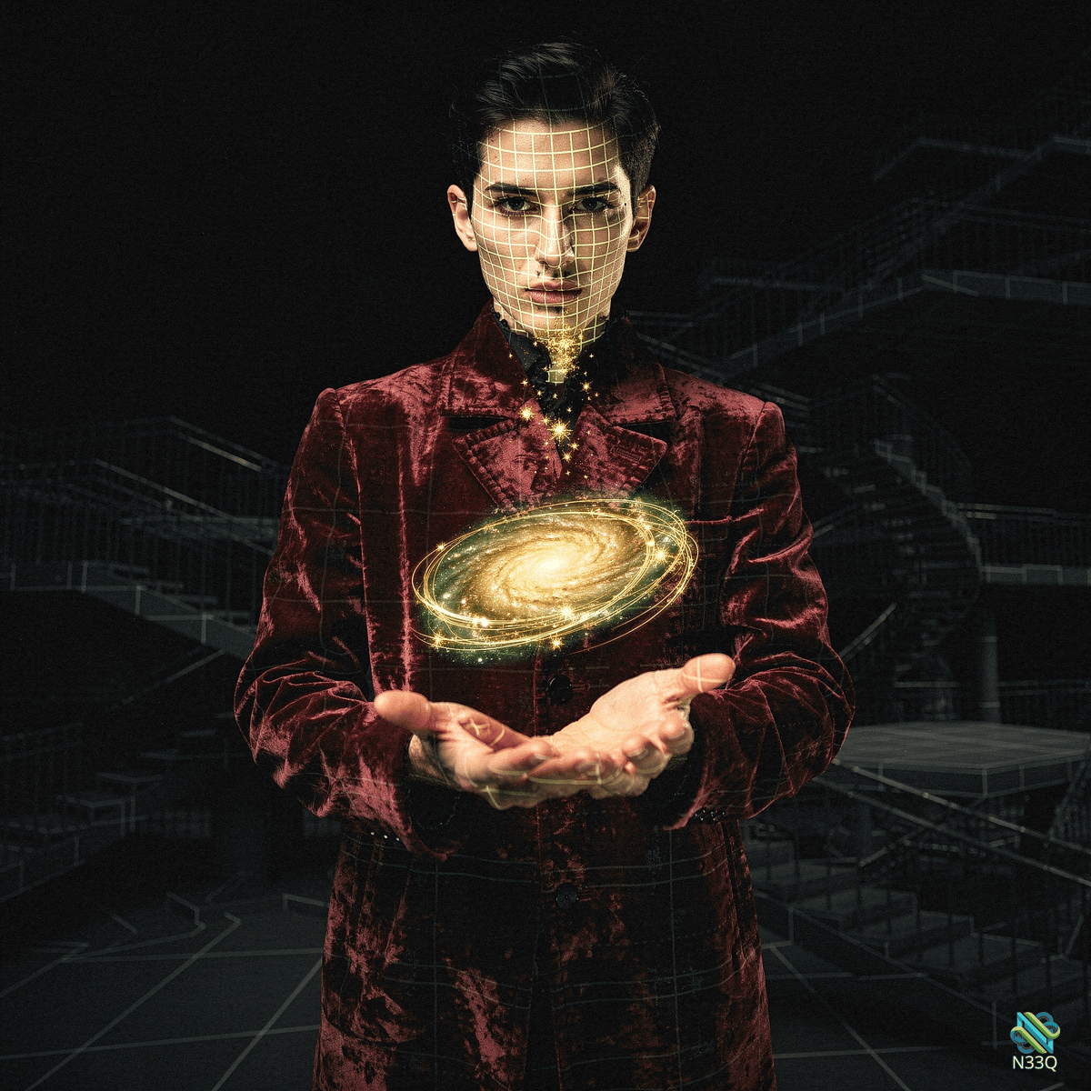 Man Holding Spiral Galaxy in Red Velvet