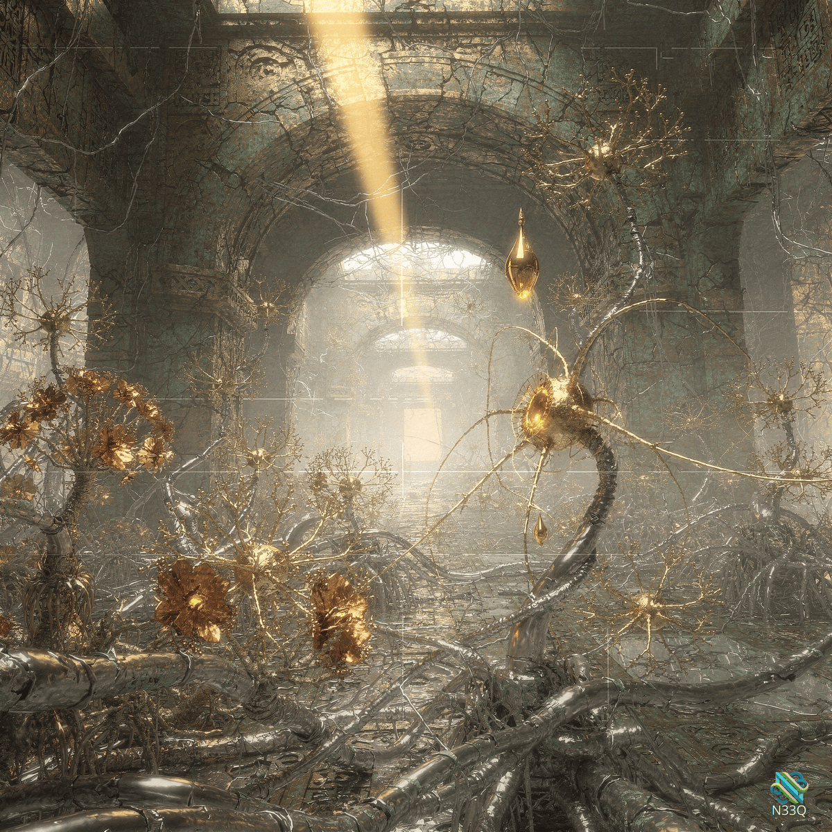 Golden Metallic Growths in Stone Ruins
