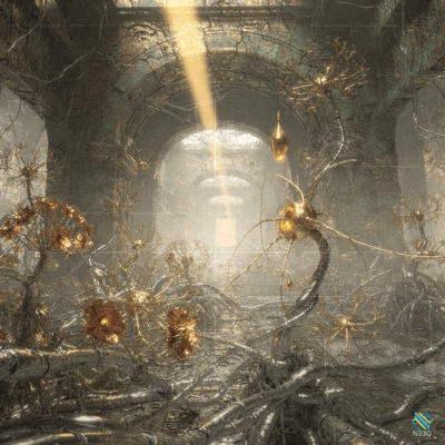 Golden Metallic Growths in Stone Ruins