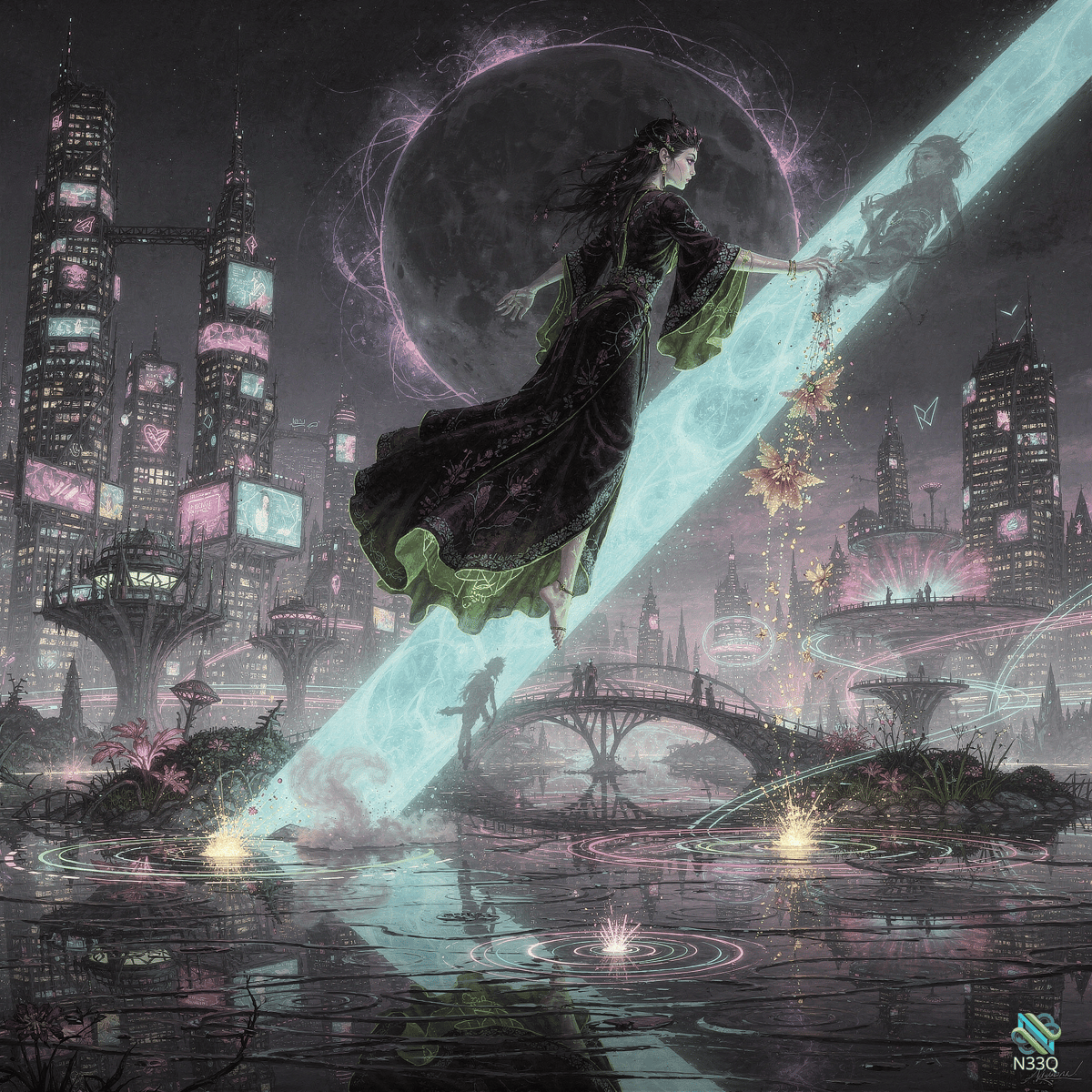 Woman Floating on Cyan Beam Above City