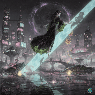 Woman Floating on Cyan Beam Above City