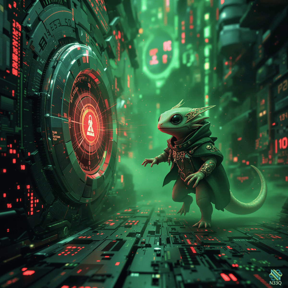 Cloaked Lizard in Neon Cyberpunk Corridor