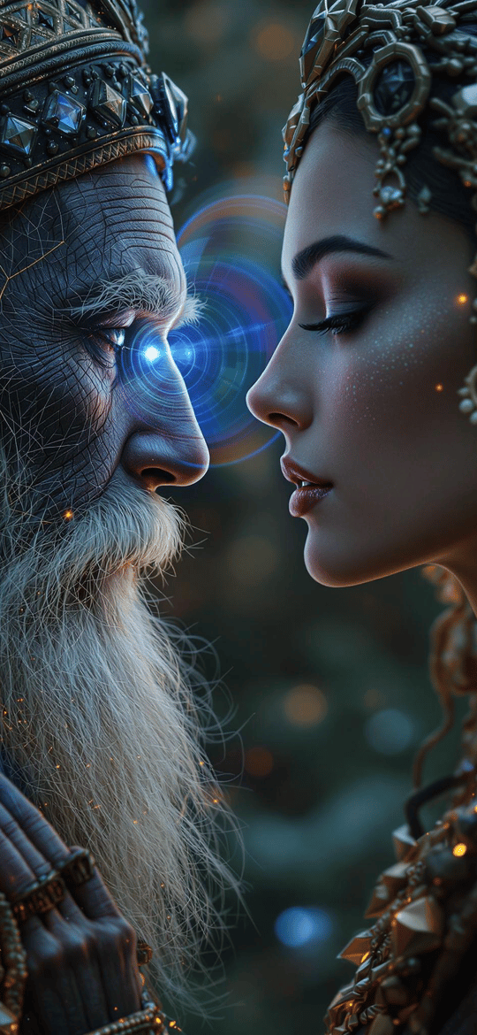 Elderly King and Jeweled Woman in Mystic Gaze