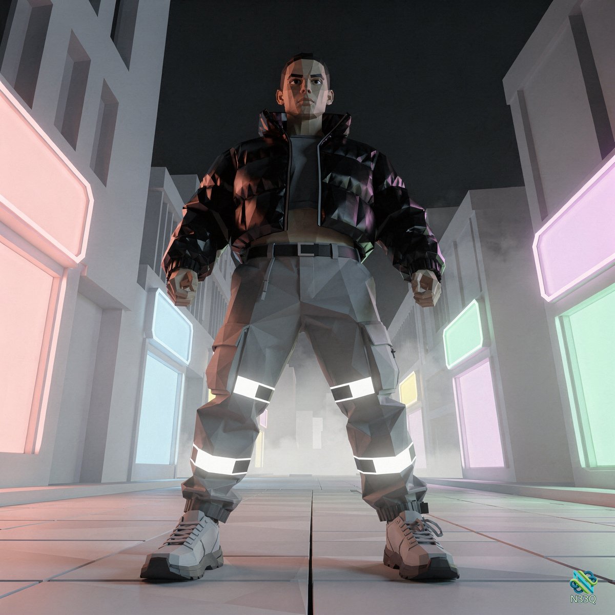 Low Poly Man in Neon City Street