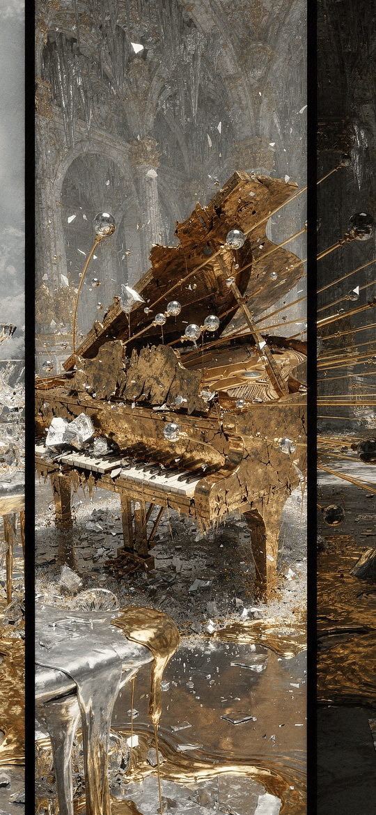 Triptych of a Destroyed Golden Piano