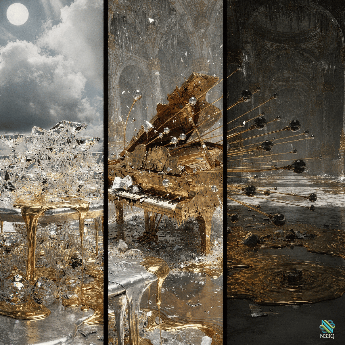Triptych of a Destroyed Golden Piano