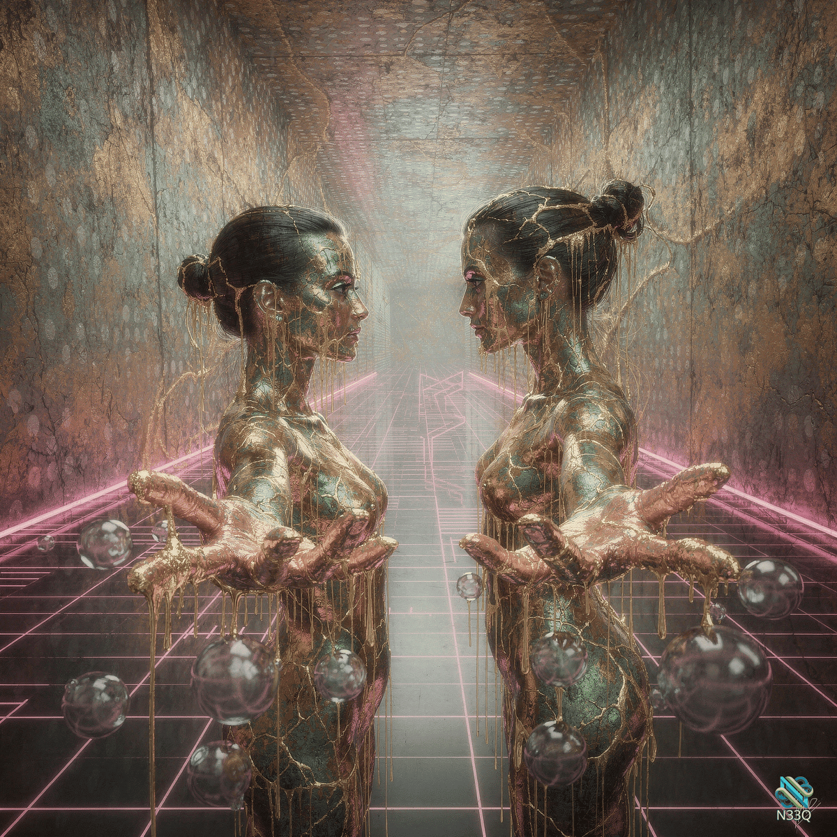 Cracked Metallic Twins in Neon Corridor