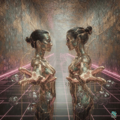 Cracked Metallic Twins in Neon Corridor