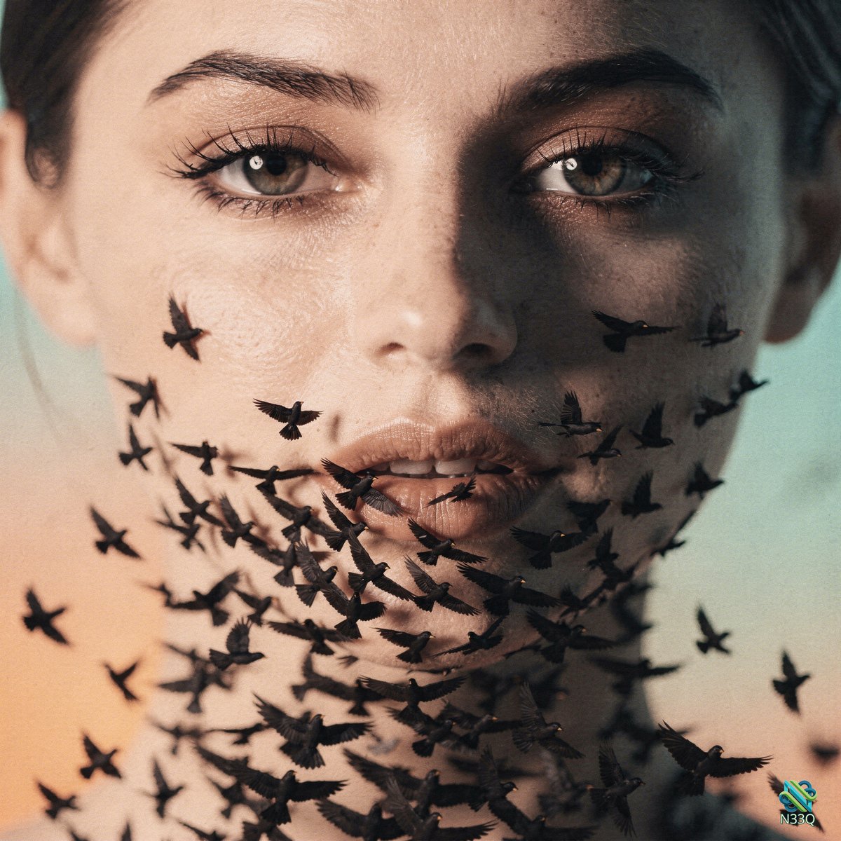 Woman's Face Swarmed by Black Birds