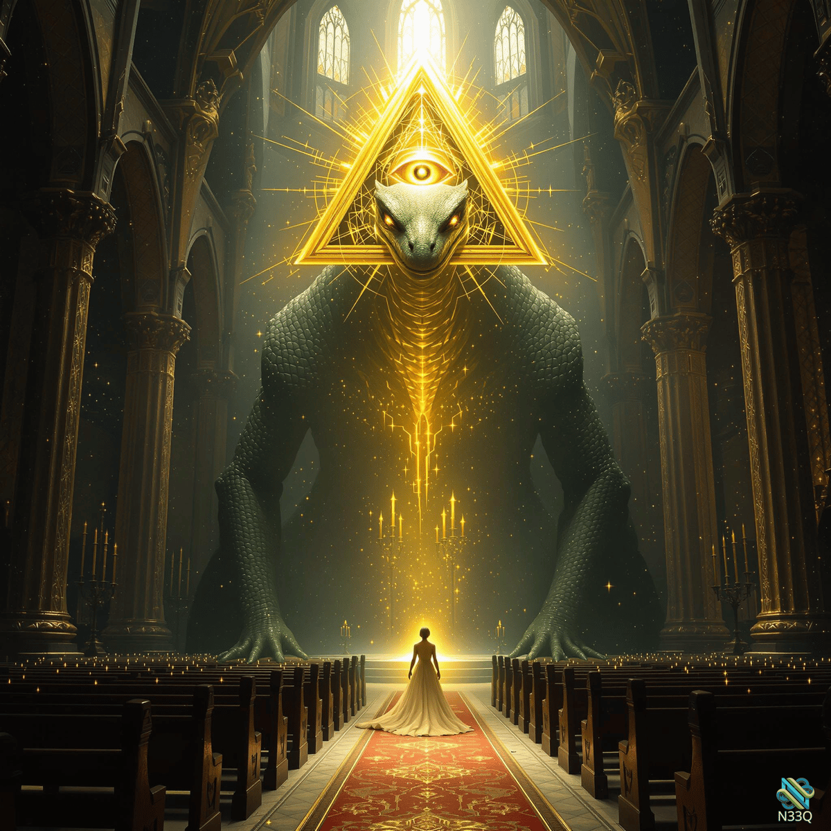Woman Facing Giant Serpent in Cathedral
