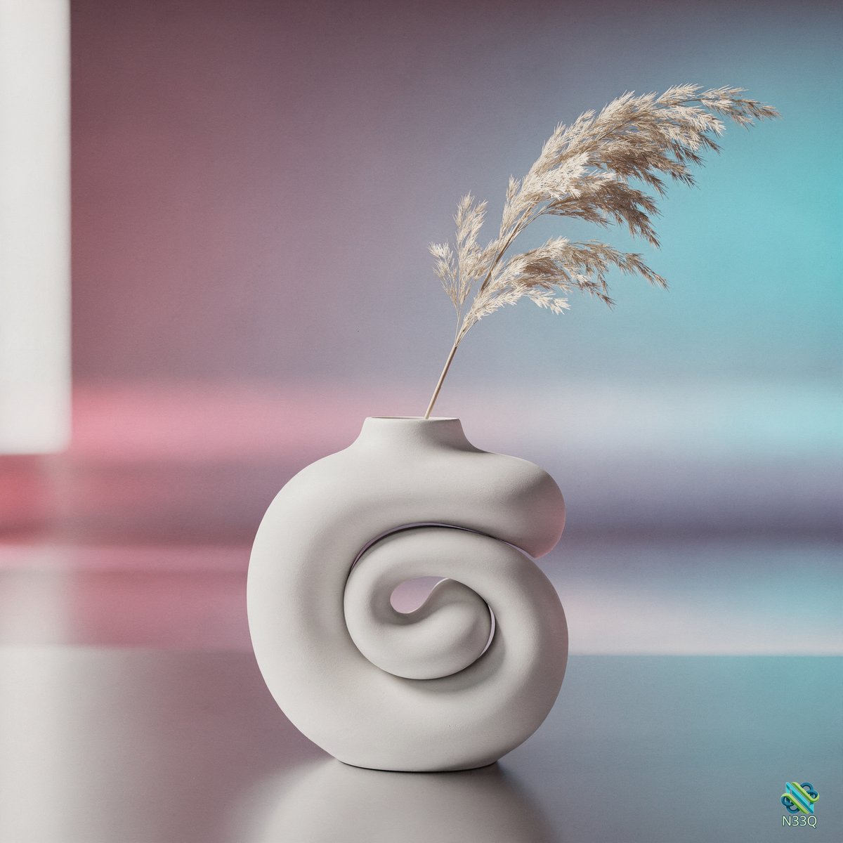 White Spiral Vase with Pampas Grass