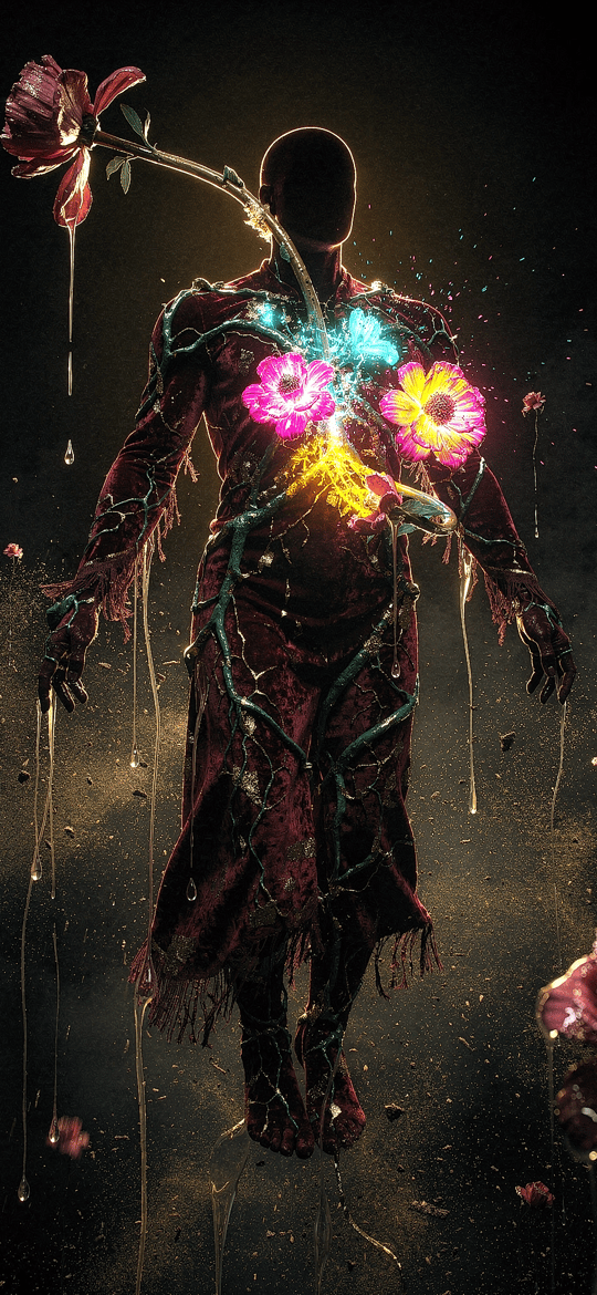 Dark Figure with Neon Flowers Blooming in Its Chest