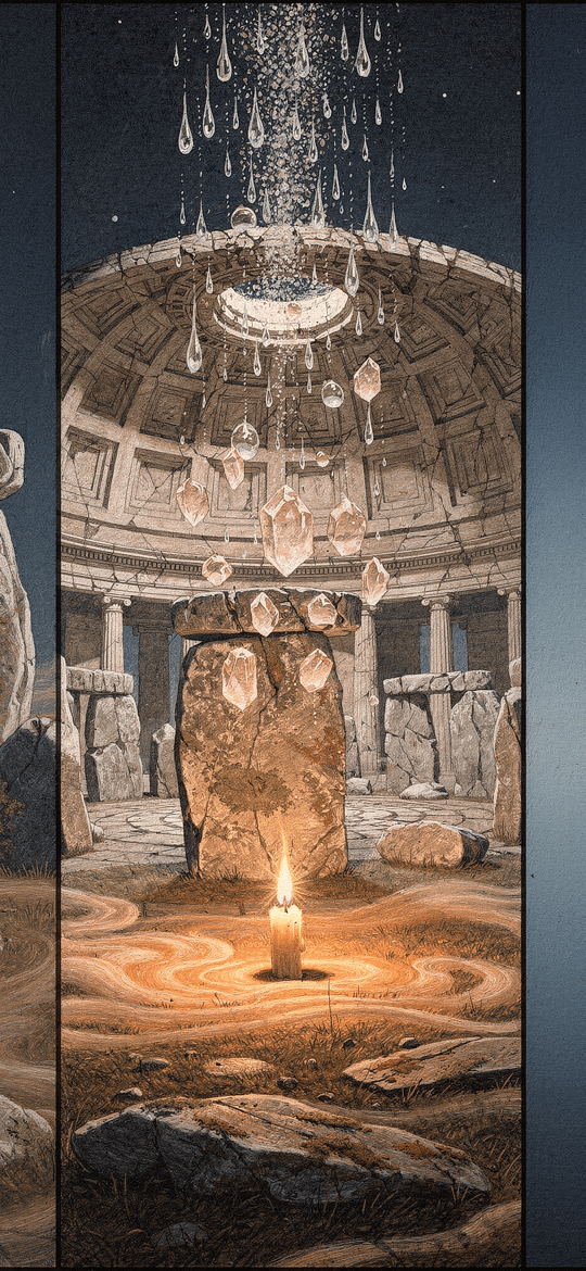 Megaliths and Crystal Chandelier in Temple