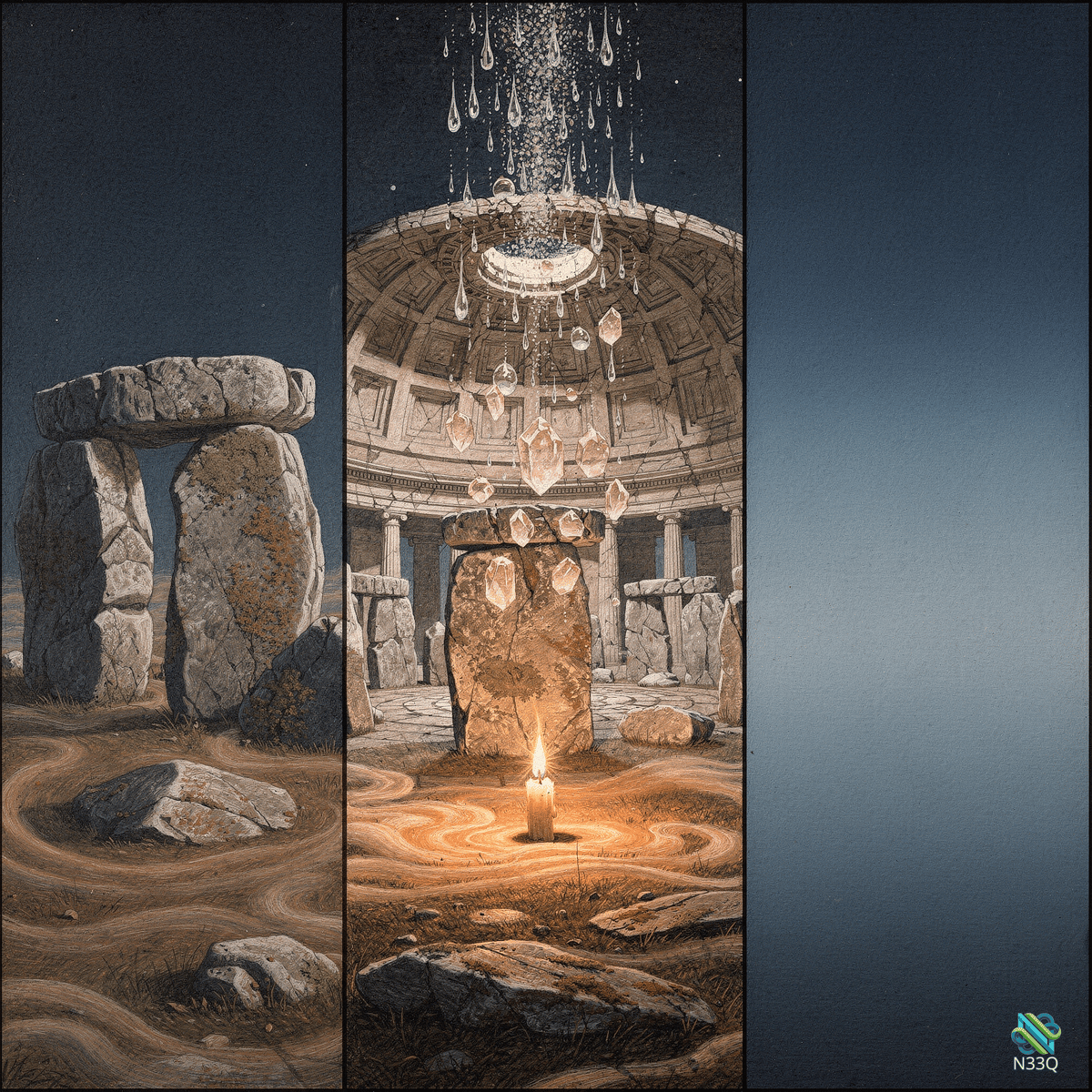 Megaliths and Crystal Chandelier in Temple