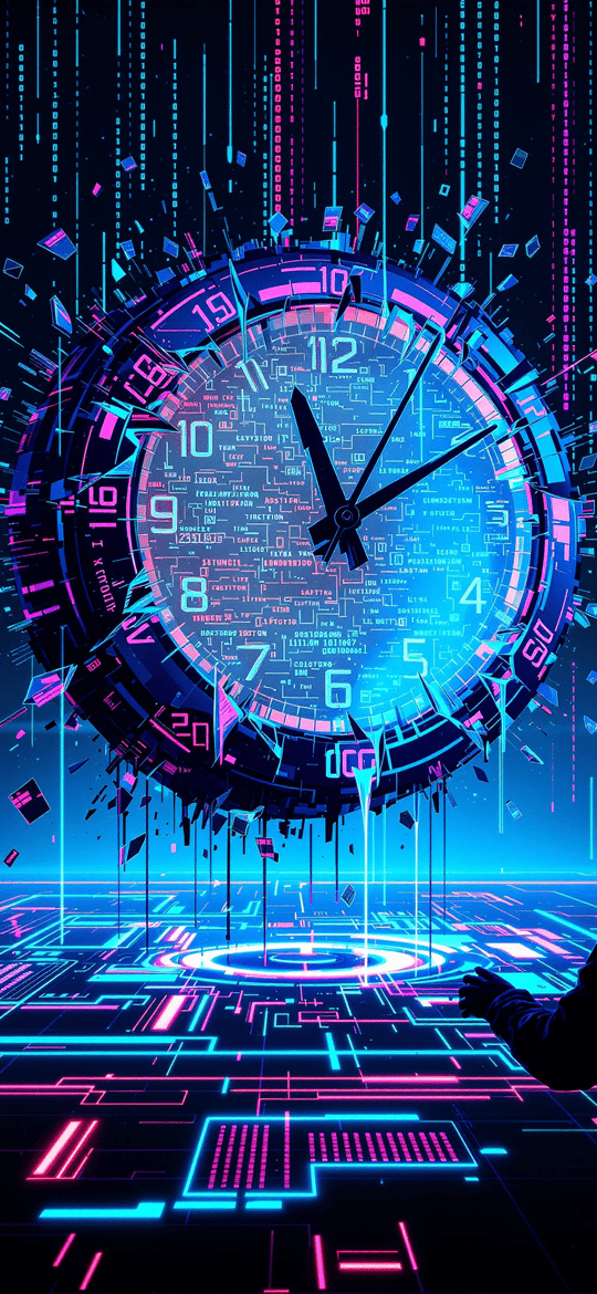 Hooded Figure Before Fractured Neon Clock
