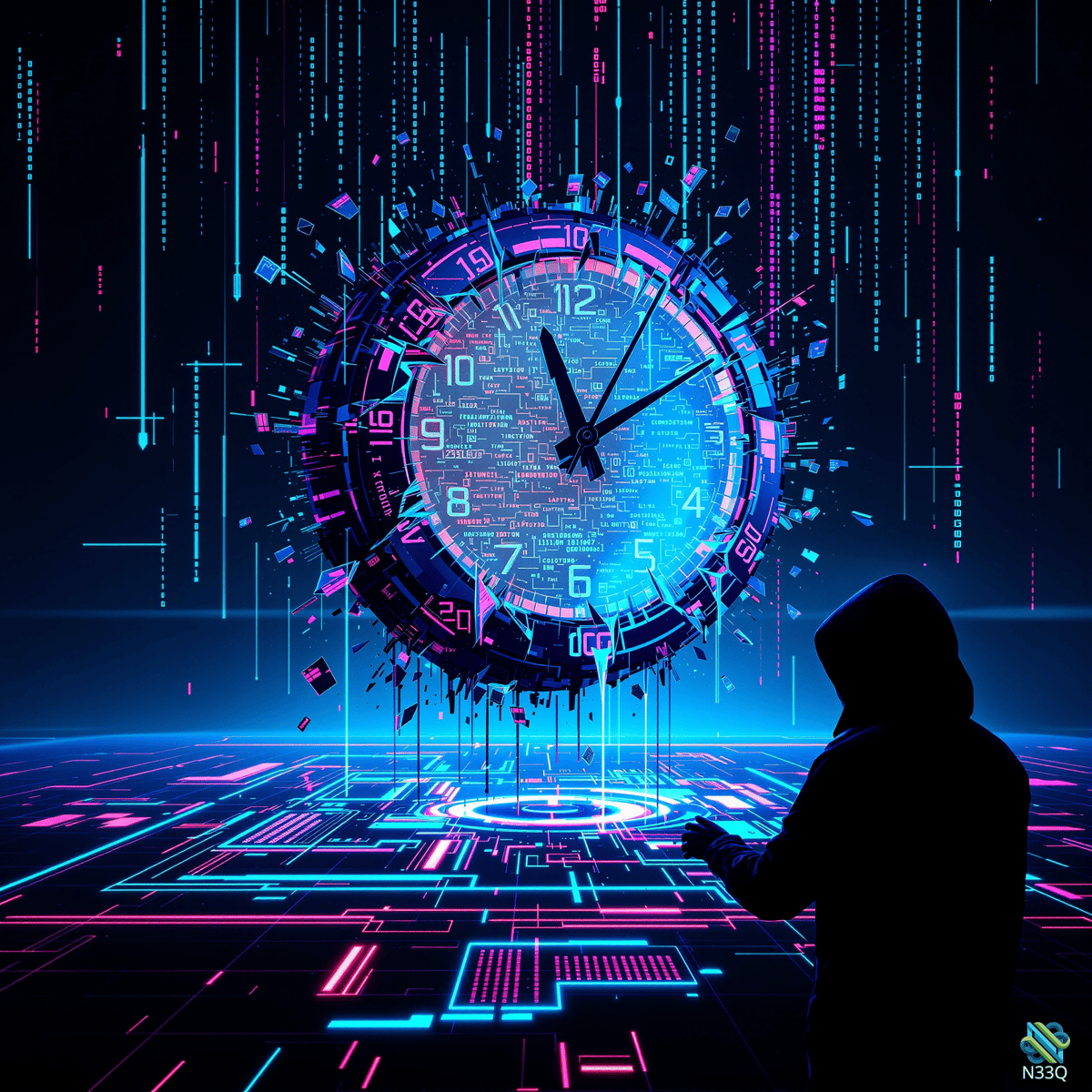 Hooded Figure Before Fractured Neon Clock