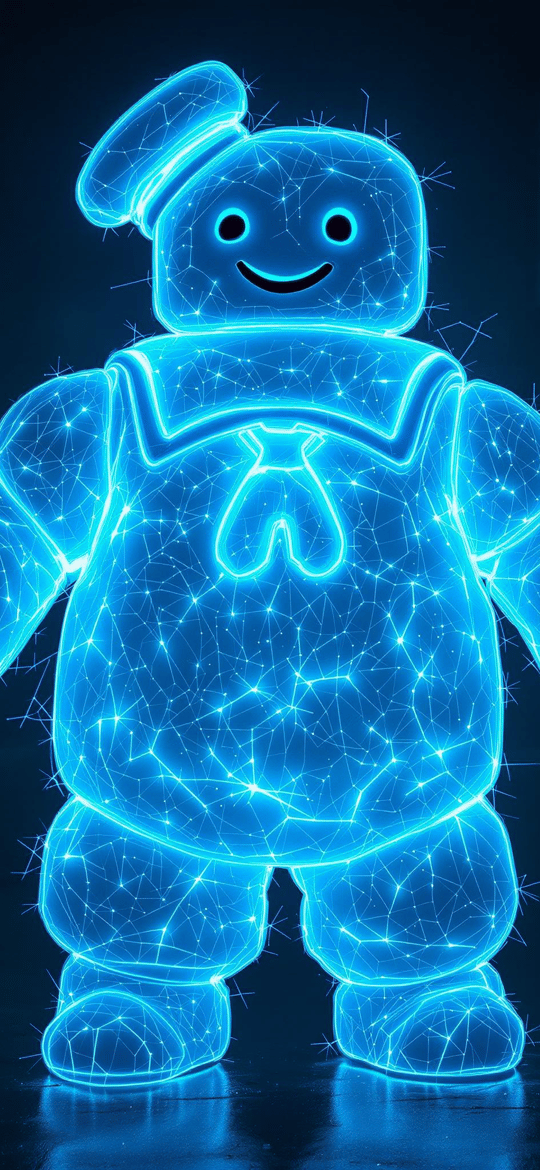 Glowing Blue Wireframe Stay Puft Figure
