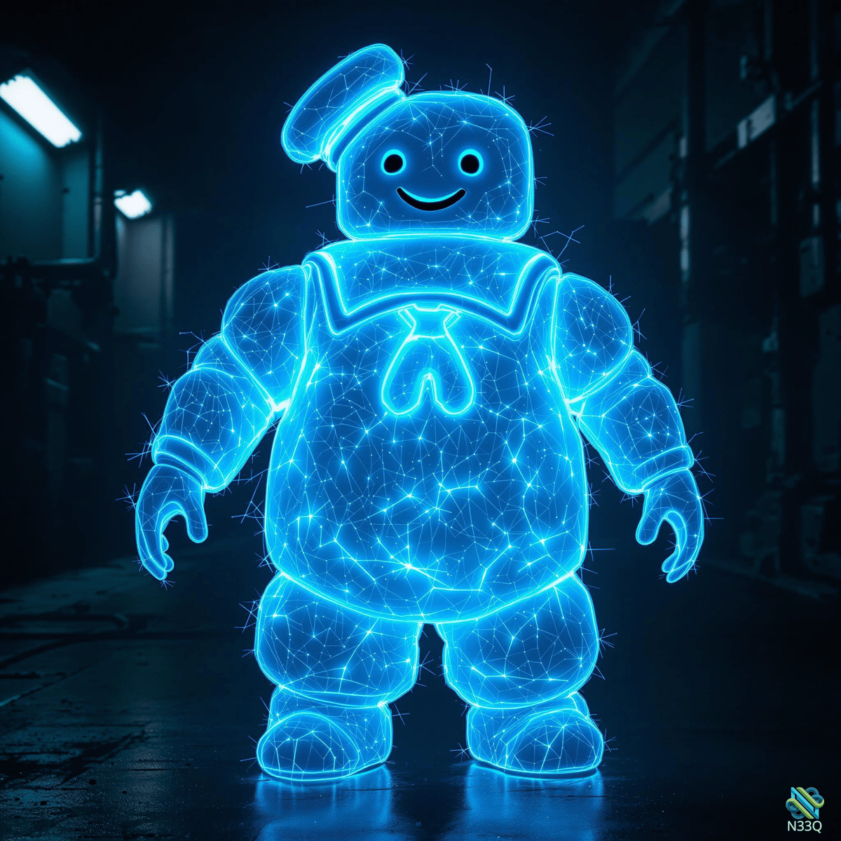Glowing Blue Wireframe Stay Puft Figure