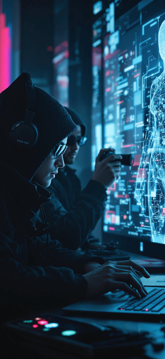 Hooded Hacker Monitoring Holographic Skeleton