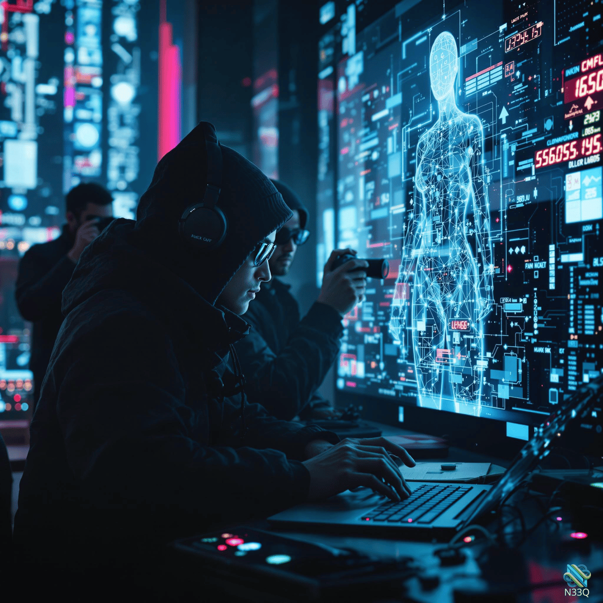 Hooded Hacker Monitoring Holographic Skeleton