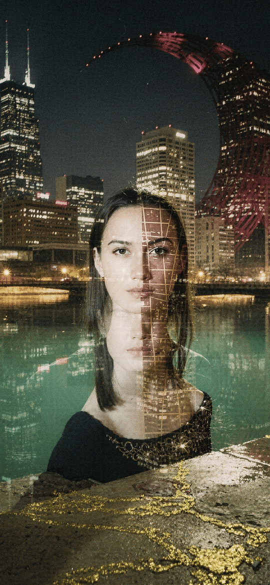 Woman with Grid Overlay on Chicago Nightscape